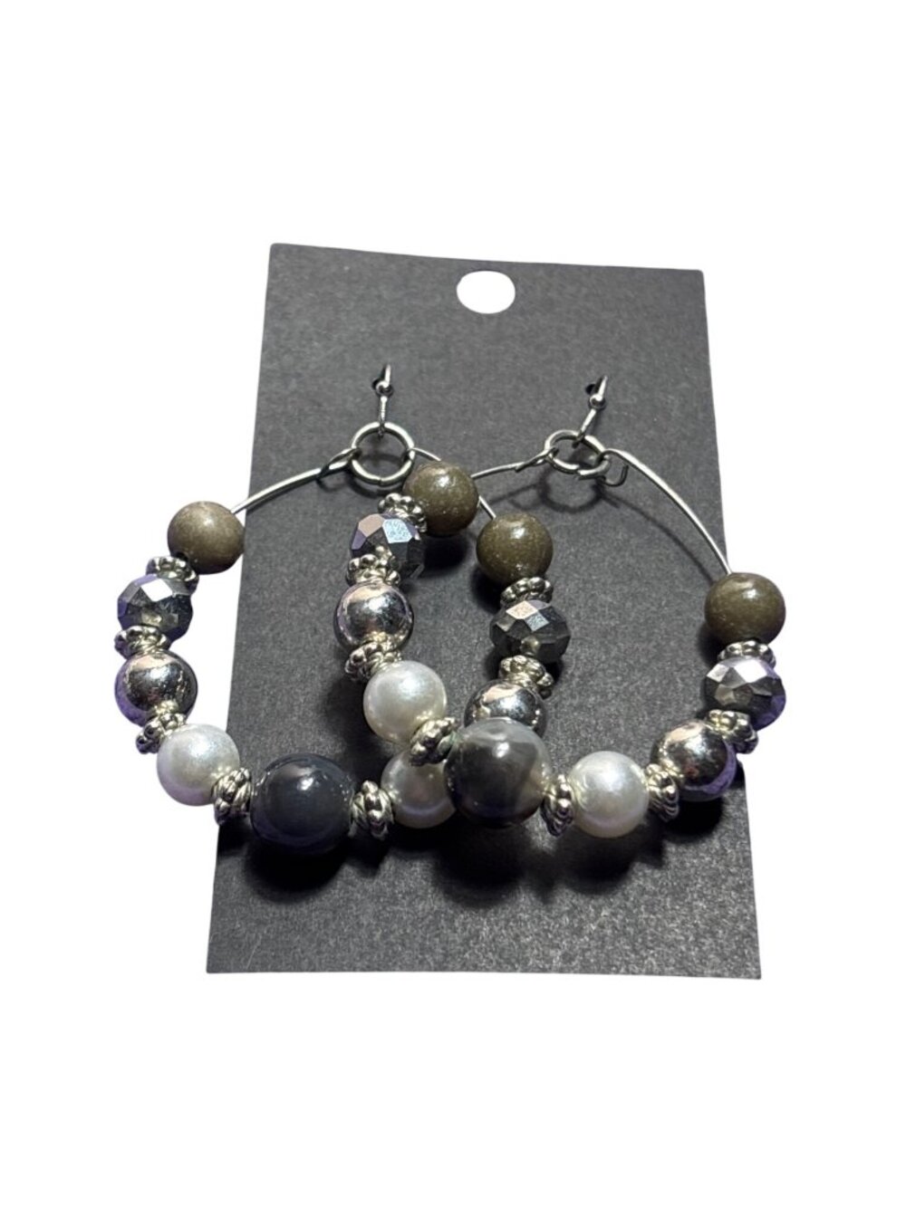 Beaded Hoop Dangle Earrings Silvertone Faux Pearl Grey Green 2 inches